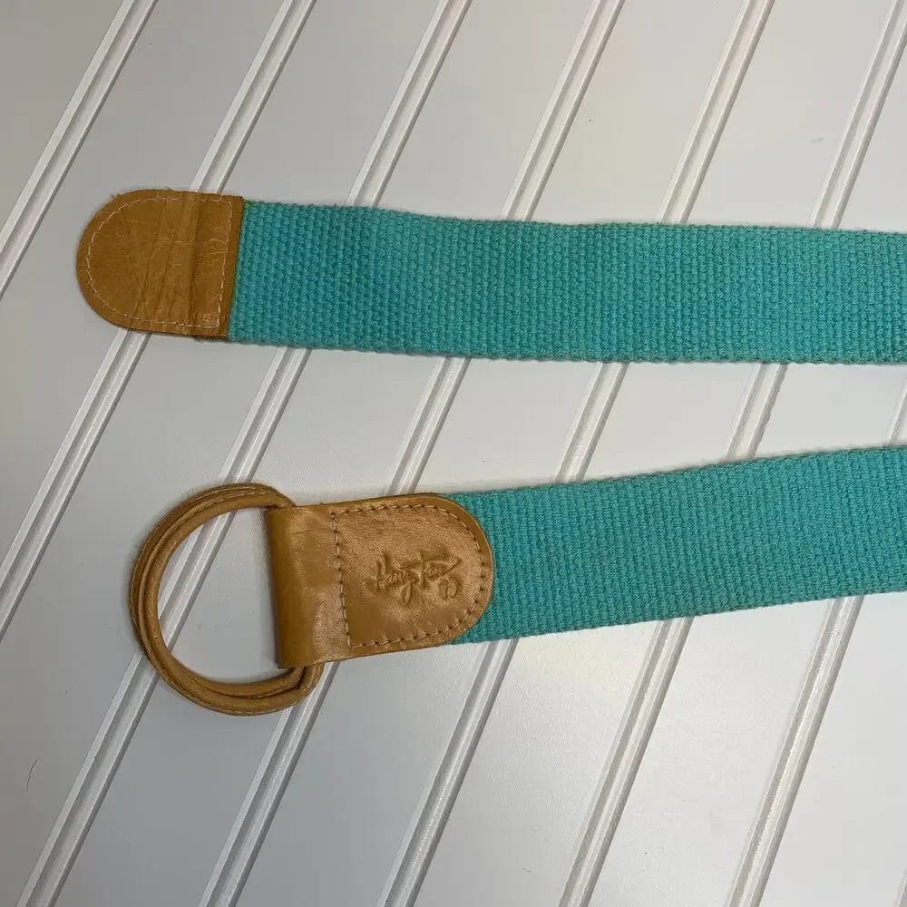 Vintage 70s Aqua Twill Wide Belt Light Tan Leather Hang Ten